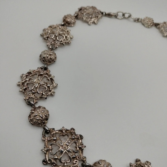 Antique Silver Tone Filigree Pendant Link Choker Style Necklace 16" - Picture 5 of 8